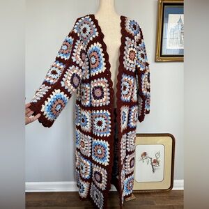 Vtg brown boho crochet granny square long maxi cardigan